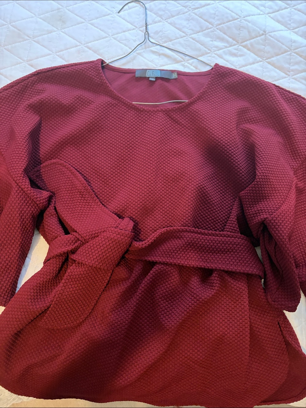 Anthropologie Women's Burgundy Textured Tie-Waist top Size M